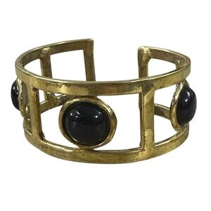 Vintage Gold Tone Black Cabochon Cuff Bracelet Statement 80s Art Deco Inspired